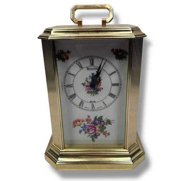 Vintage Bulova Floral Anniversary Mantle Carriage Clock Quartz B 2093 Gold Tone - Picture 1 of 12